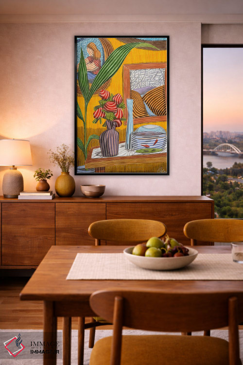 تابلو دکوراتیو طبیعت بی جان با ماهی و گل های قرمز اثر خاویر اورتاس - D6B