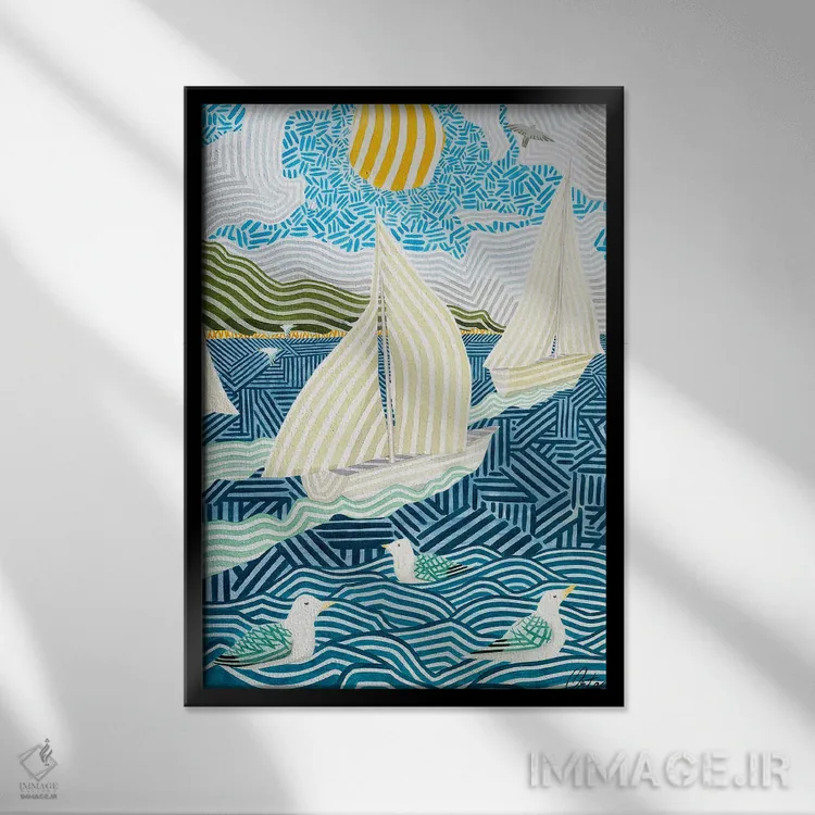 تابلو دکوراتیو قایق های بادبانی و مرغ های دریایی اثر خاویر اورتاس - نمای قابدار مشکی