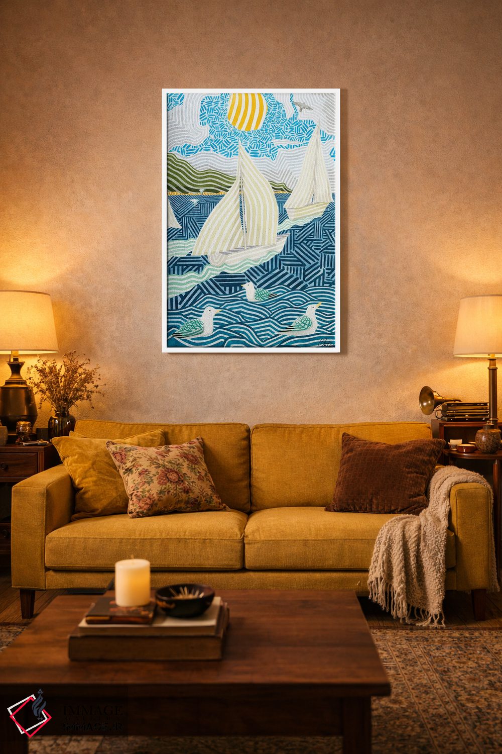 تابلو دکوراتیو قایق های بادبانی و مرغ های دریایی اثر خاویر اورتاس - D1W