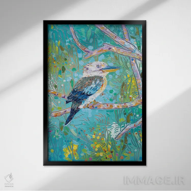 تابلو دکوراتیو کوکابورای بال آبی اثر جوزف ویلانوا - نمای قابدار مشکی