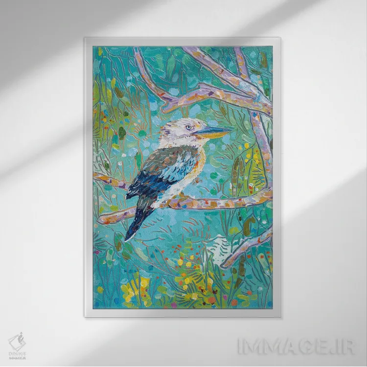 تابلو دکوراتیو کوکابورای بال آبی اثر جوزف ویلانوا - نمای قابدار سفید