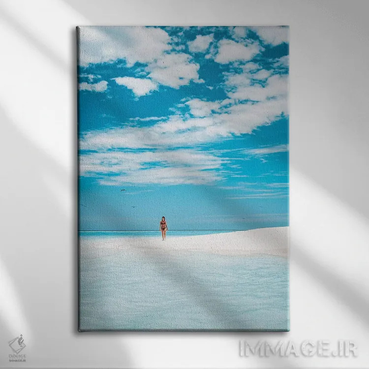 تابلو دکوراتیو دختر در حال پیاده روی در ساحل جزیره بهشت اثر جیمز وودیکا - نمای روبهرو روی دیوار