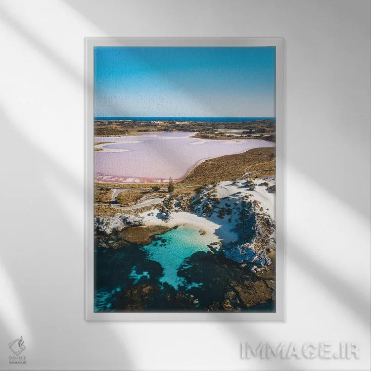 تابلو دکوراتیو دریاچه صورتی با اقیانوس فیروزه ای اثر جیمز وودیکا - نمای قابدار سفید