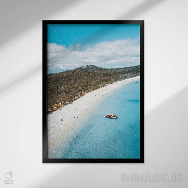 تابلو دکوراتیو نمای هوایی ساحل جزیره با آب آبی و شن سفید اثر جیمز وودیکا - نمای قابدار مشکی