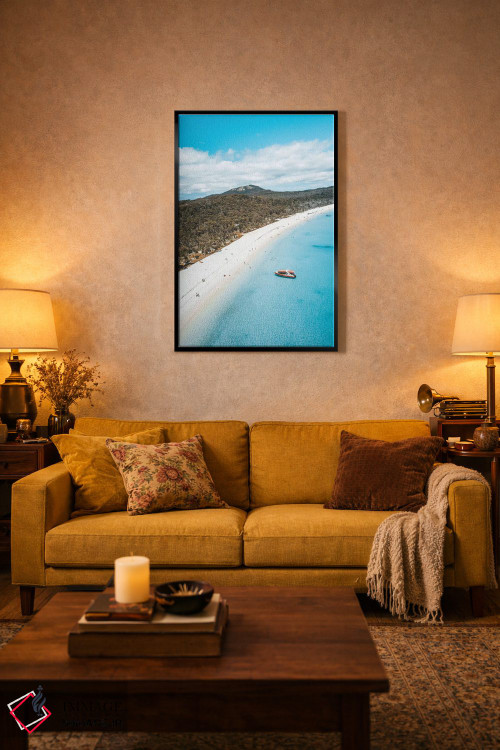 تابلو دکوراتیو نمای هوایی ساحل جزیره با آب آبی و شن سفید اثر جیمز وودیکا - D3B