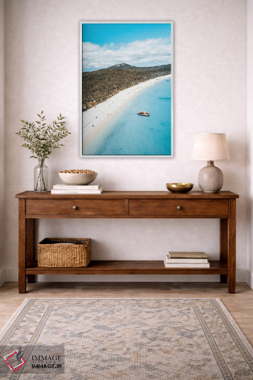 تابلو دکوراتیو نمای هوایی ساحل جزیره با آب آبی و شن سفید اثر جیمز وودیکا - D1W