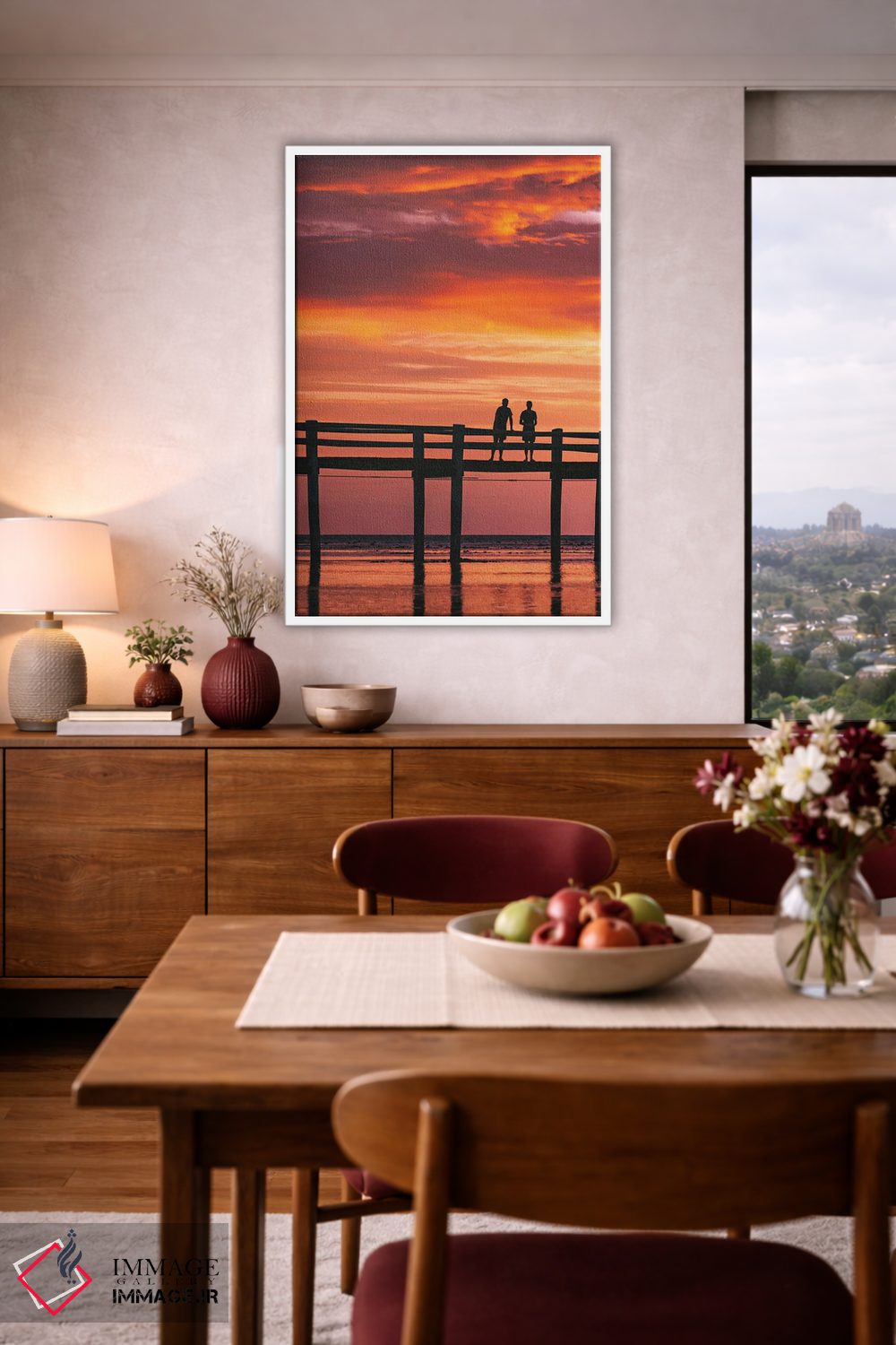 تابلو دکوراتیو اسکله جزیره در غروب با افراد به شکل سایه اثر جیمز وودیکا - D4W