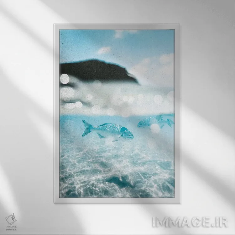 تابلو دکوراتیو عکس دوگانه ی زیر و روی آب از ماهی ها اثر جیمز وودیکا - نمای قابدار سفید