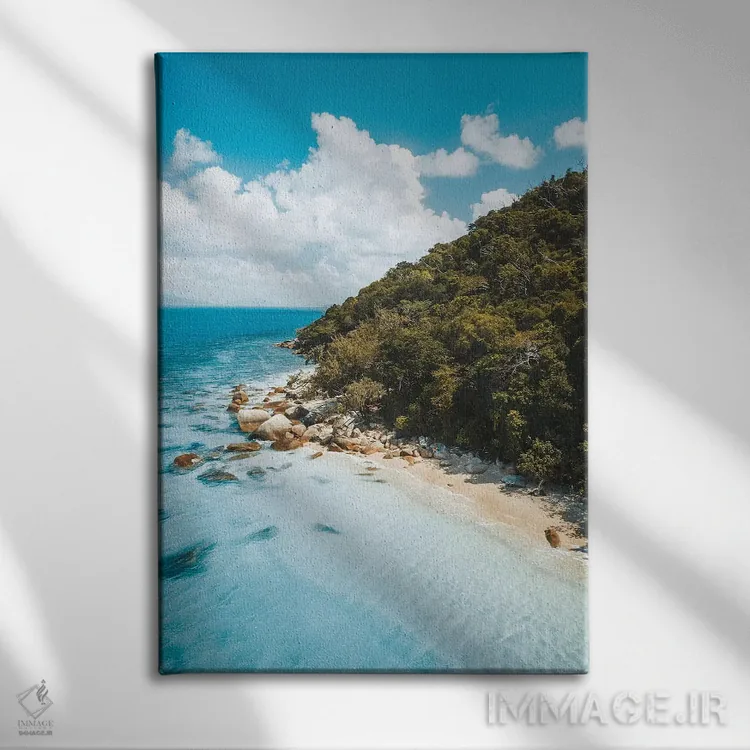 تابلو دکوراتیو ساحل جزیره فیروزه ای اثر جیمز وودیکا - نمای روبهرو روی دیوار
