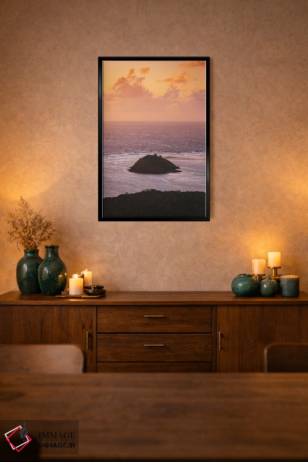 تابلو دکوراتیو رنگ های غروب بر فراز اقیانوس و جزیره اثر جیمز وودیکا - D3B