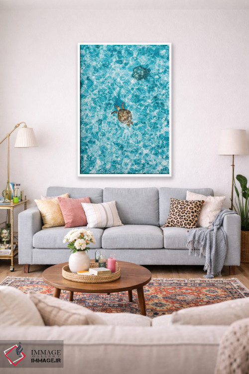 تابلو دکوراتیو لاک پشت جزیره در دیواره بزرگ مرجانی از نمای هوایی اثر جیمز وودیکا - D1W