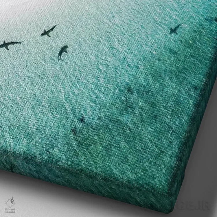 تابلو دکوراتیو منظره هوایی جزیره، ساحل، کوسه ها و شناگر اثر جیمز وودیکا - نمای نزدیک بافت بوم