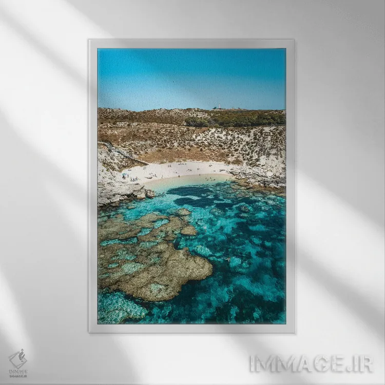تابلو دکوراتیو نمای هوایی ساحل صخره مرجانی فیروزه ای اثر جیمز وودیکا - نمای قابدار سفید