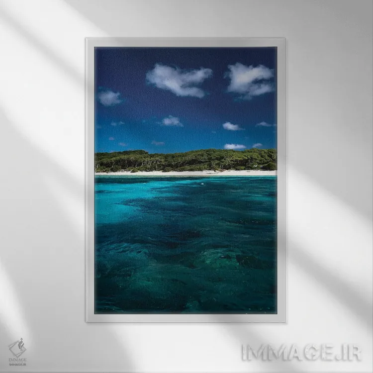 تابلو دکوراتیو جزیره استرالیایی با آب های آبی اثر جیمز وودیکا - نمای قابدار سفید