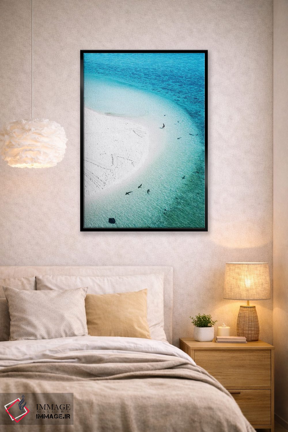 تابلو دکوراتیو منظره هوایی جزیره، ساحل، کوسه ها و شناگر اثر جیمز وودیکا - D3B