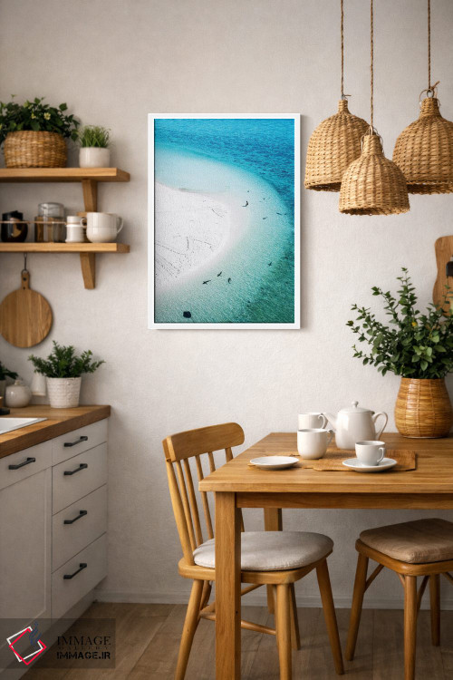 تابلو دکوراتیو منظره هوایی جزیره، ساحل، کوسه ها و شناگر اثر جیمز وودیکا - D4W