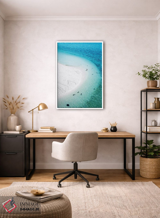 تابلو دکوراتیو منظره هوایی جزیره، ساحل، کوسه ها و شناگر اثر جیمز وودیکا - D5W