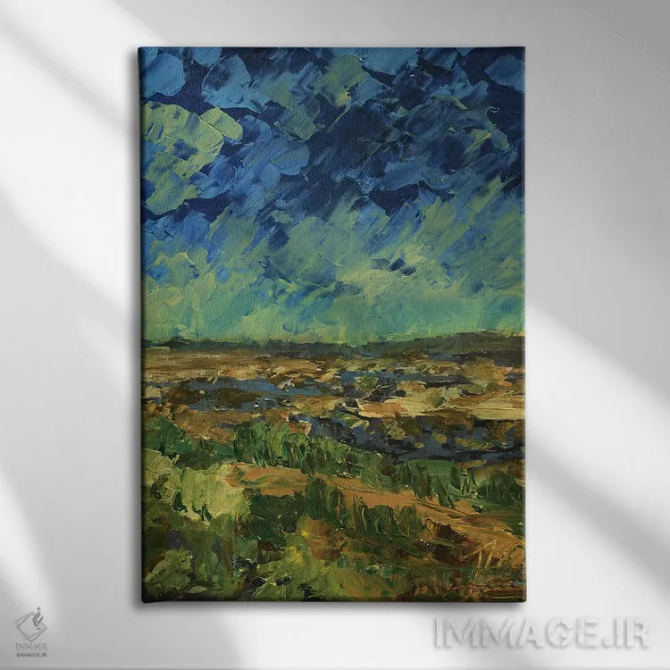 تابلو انتزاعی تپه های اخرایی اثر جنی لی - نمای روبهرو روی دیوار