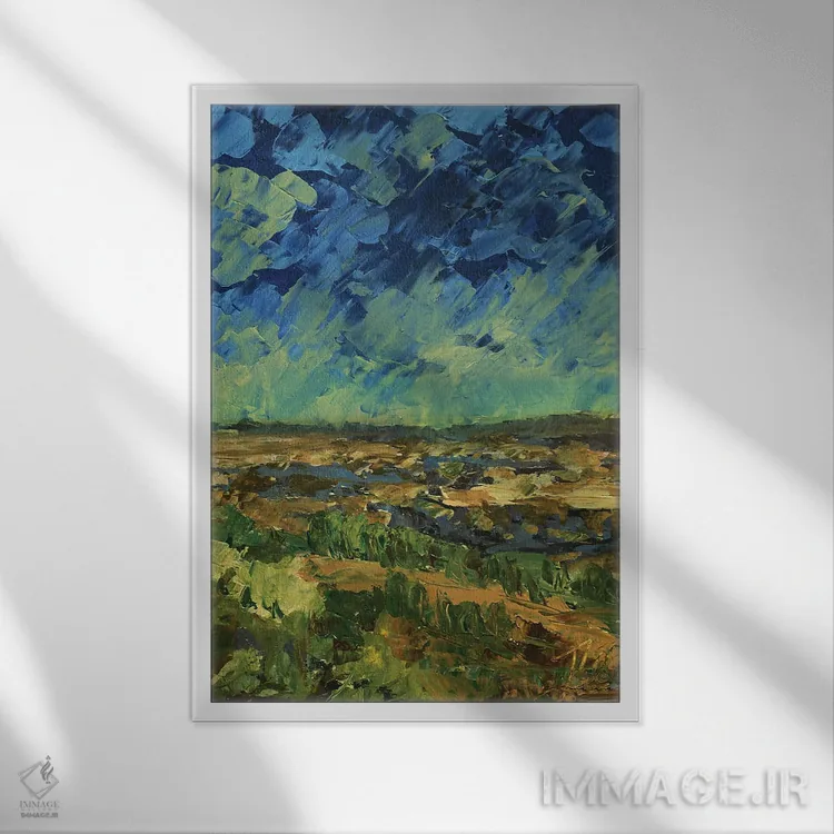 تابلو انتزاعی تپه های اخرایی اثر جنی لی - نمای قابدار سفید