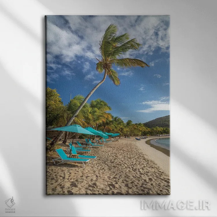 تابلو دکوراتیو Grenada, Mayreau Island. Beach umbrellas and lounge chairs.… اثر جینز گالری - نمای روبهرو روی دیوار