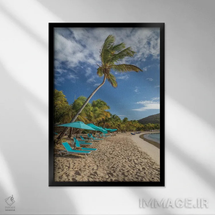 تابلو دکوراتیو Grenada, Mayreau Island. Beach umbrellas and lounge chairs.… اثر جینز گالری - نمای قابدار مشکی