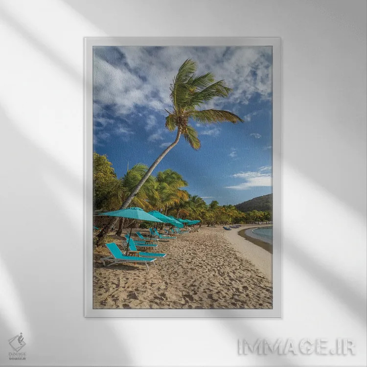 تابلو دکوراتیو Grenada, Mayreau Island. Beach umbrellas and lounge chairs.… اثر جینز گالری - نمای قابدار سفید
