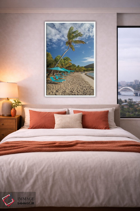 تابلو دکوراتیو Grenada, Mayreau Island. Beach umbrellas and lounge chairs.… اثر جینز گالری - D3W