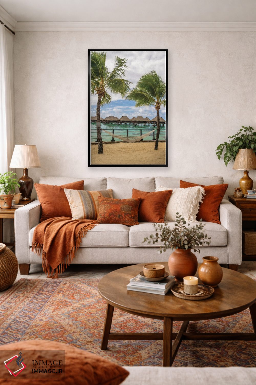 تابلو دکوراتیو Moorea Overwater Bungalows And Hammock,خانه های روی آب و ننو اثر جینز گالری - D1B