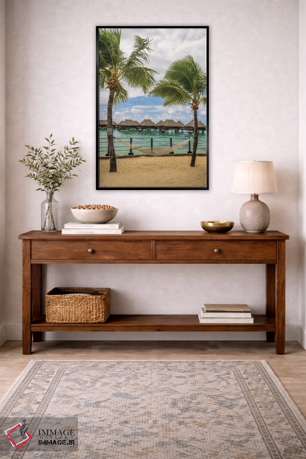 تابلو دکوراتیو Moorea Overwater Bungalows And Hammock,خانه های روی آب و ننو اثر جینز گالری - D3B