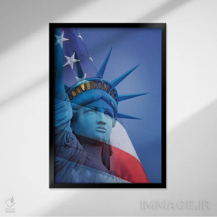 تابلو دکوراتیو آمریکا، نوادا، لاس وگاس. ترکیب تندیس آزادی و پرچم آمریکا اثر جینز گالری - نمای قابدار مشکی