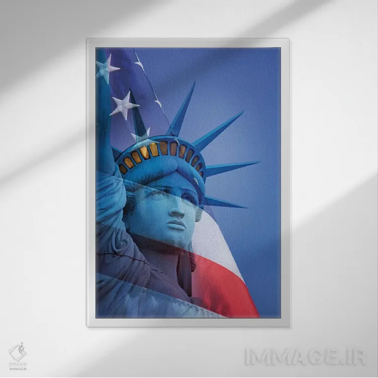 تابلو دکوراتیو آمریکا، نوادا، لاس وگاس. ترکیب تندیس آزادی و پرچم آمریکا اثر جینز گالری - نمای قابدار سفید