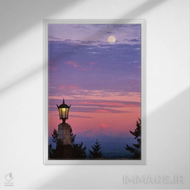 تابلو دکوراتیو آمریکا، اورگان، پورتلند. کوه هود با طلوع ماه هنگام غروب II اثر جینز گالری - نمای قابدار سفید