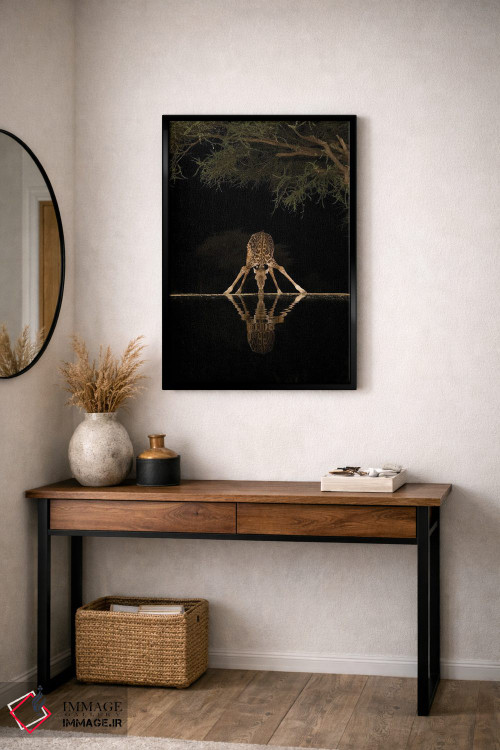 تابلو دکوراتیو آفریقا، کنیا، پارک ملی آمبوسلی. زرافه در حال نوشیدن آب شبانه اثر جینز گالری - D4B