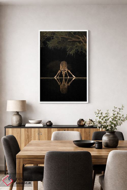 تابلو دکوراتیو آفریقا، کنیا، پارک ملی آمبوسلی. زرافه در حال نوشیدن آب شبانه اثر جینز گالری - D3W