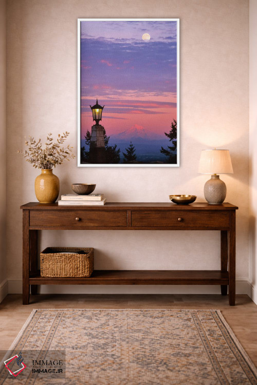 تابلو دکوراتیو آمریکا، اورگان، پورتلند. کوه هود با طلوع ماه هنگام غروب II اثر جینز گالری - D2W