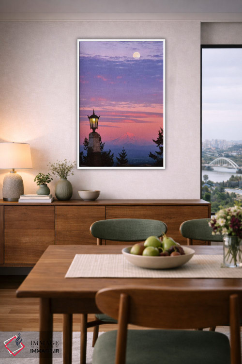 تابلو دکوراتیو آمریکا، اورگان، پورتلند. کوه هود با طلوع ماه هنگام غروب II اثر جینز گالری - D6W