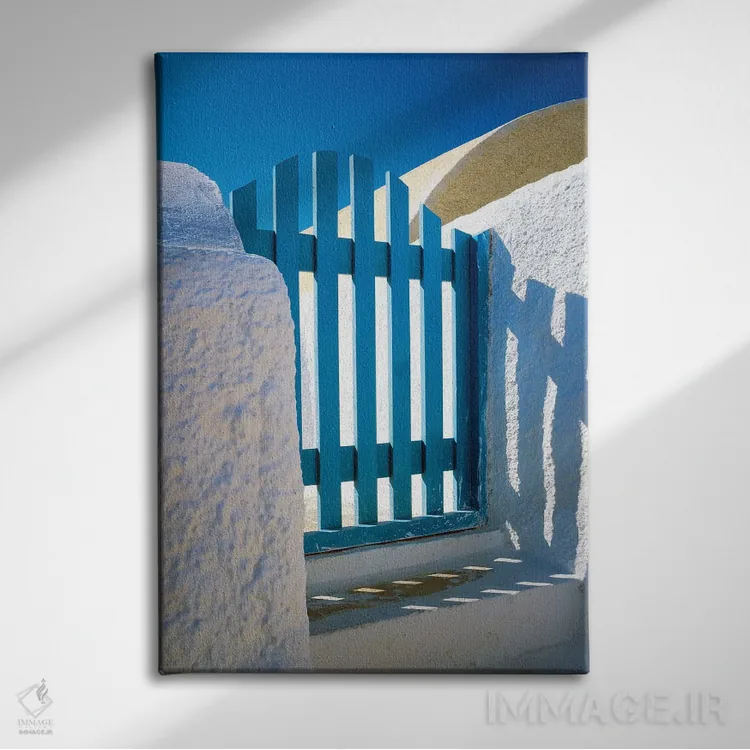 تابلو دکوراتیو Santorini, Oia. Blue gate of home.,یونان، سانتورینی، اویا. د… اثر جینز گالری - نمای روبهرو روی دیوار