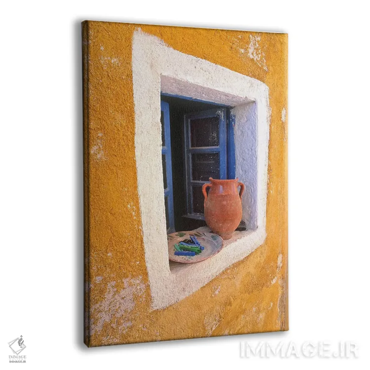 تابلو دکوراتیو Santorini, Oia. Pottery in window.,یونان، سانتورینی، اویا. س… اثر جینز گالری - نمای پرسپکتیو محصول
