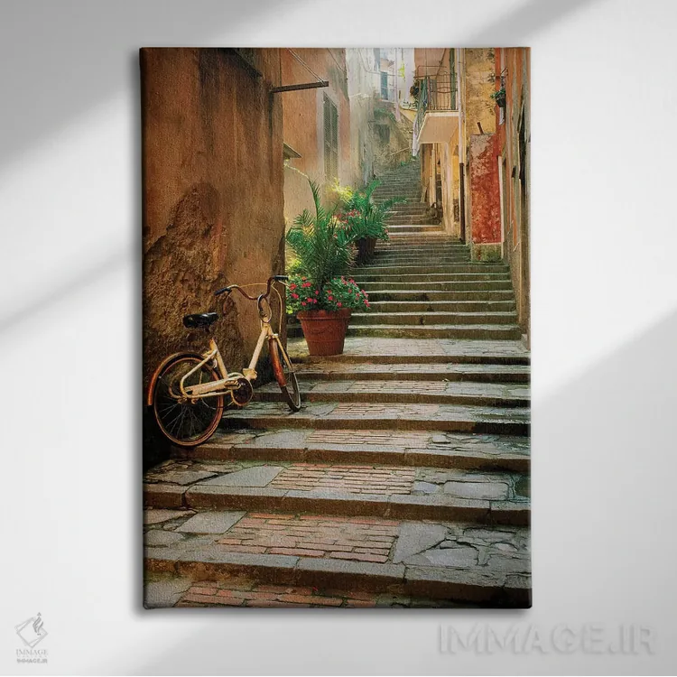 تابلو دکوراتیو Cinque Terre, Monterosso. Bicycle and uphill stairway.,ایتال… اثر جینز گالری - نمای روبهرو روی دیوار