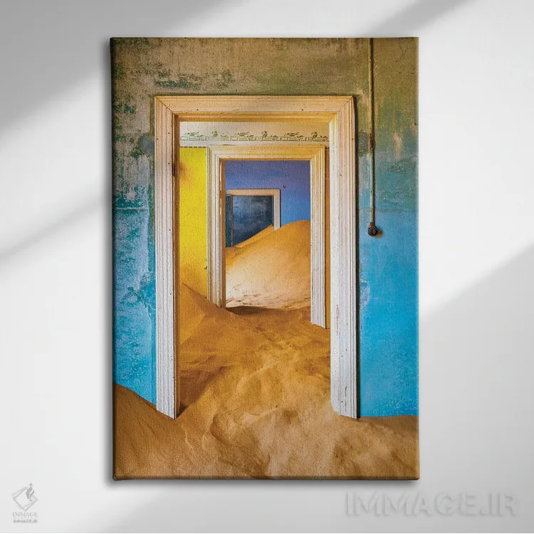 تابلو دکوراتیو Namibia, Kolmanskop. Doorways and drifting sand in an abando… اثر جینز گالری - نمای روبهرو روی دیوار