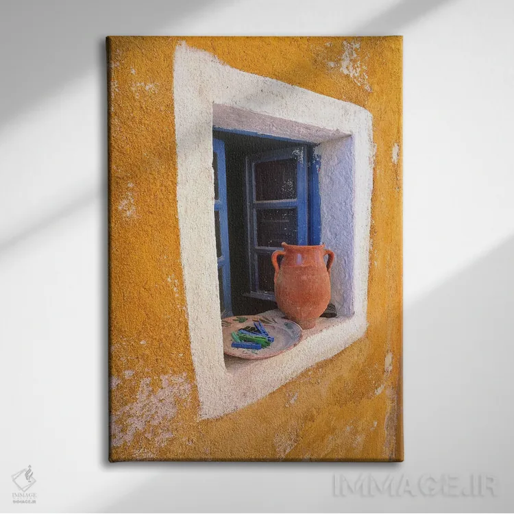تابلو دکوراتیو Santorini, Oia. Pottery in window.,یونان، سانتورینی، اویا. س… اثر جینز گالری - نمای روبهرو روی دیوار
