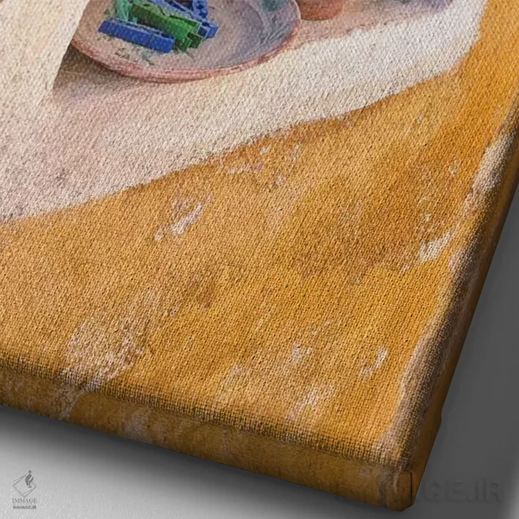 تابلو دکوراتیو Santorini, Oia. Pottery in window.,یونان، سانتورینی، اویا. س… اثر جینز گالری - نمای نزدیک بافت بوم