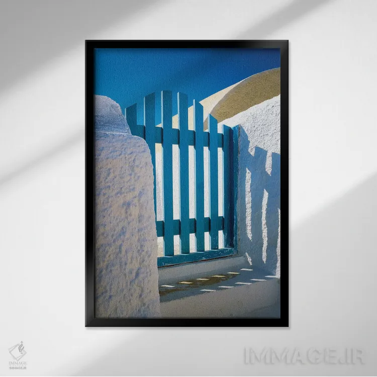 تابلو دکوراتیو Santorini, Oia. Blue gate of home.,یونان، سانتورینی، اویا. د… اثر جینز گالری - نمای قابدار مشکی
