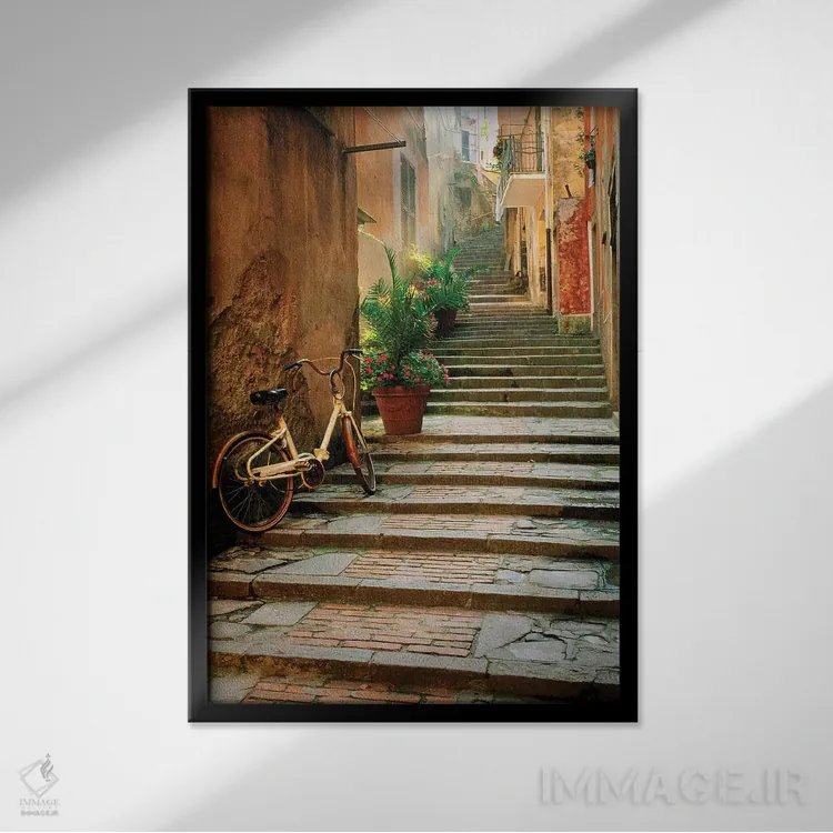 تابلو دکوراتیو Cinque Terre, Monterosso. Bicycle and uphill stairway.,ایتال… اثر جینز گالری - نمای قابدار مشکی