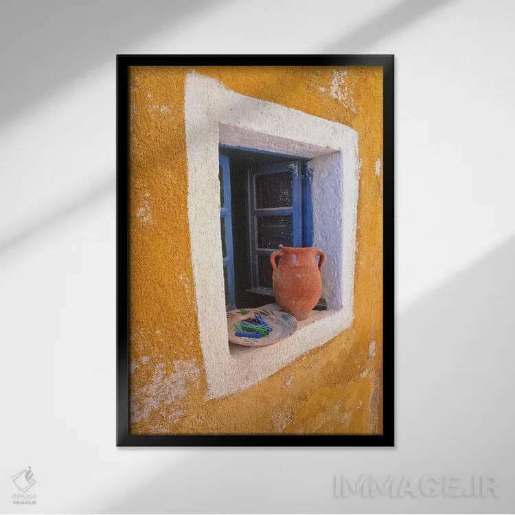 تابلو دکوراتیو Santorini, Oia. Pottery in window.,یونان، سانتورینی، اویا. س… اثر جینز گالری - نمای قابدار مشکی