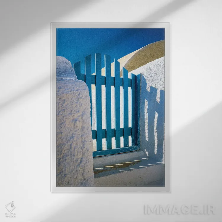 تابلو دکوراتیو Santorini, Oia. Blue gate of home.,یونان، سانتورینی، اویا. د… اثر جینز گالری - نمای قابدار سفید