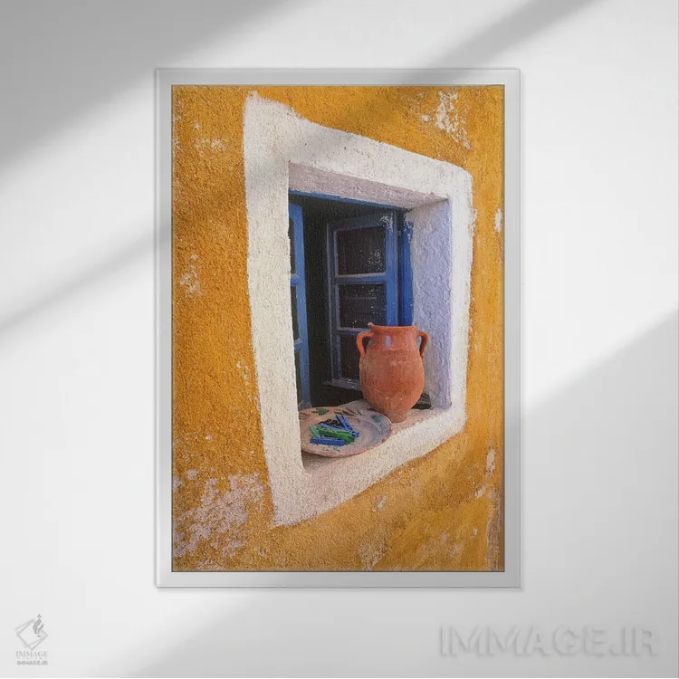 تابلو دکوراتیو Santorini, Oia. Pottery in window.,یونان، سانتورینی، اویا. س… اثر جینز گالری - نمای قابدار سفید
