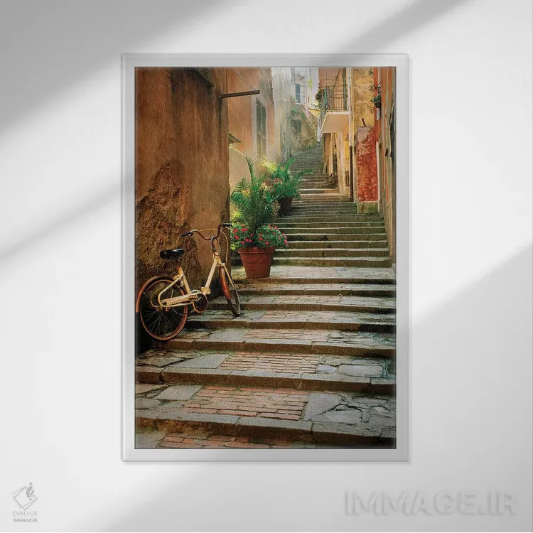 تابلو دکوراتیو Cinque Terre, Monterosso. Bicycle and uphill stairway.,ایتال… اثر جینز گالری - نمای قابدار سفید