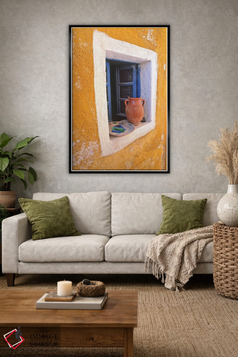 تابلو دکوراتیو Santorini, Oia. Pottery in window.,یونان، سانتورینی، اویا. س… اثر جینز گالری - D1B