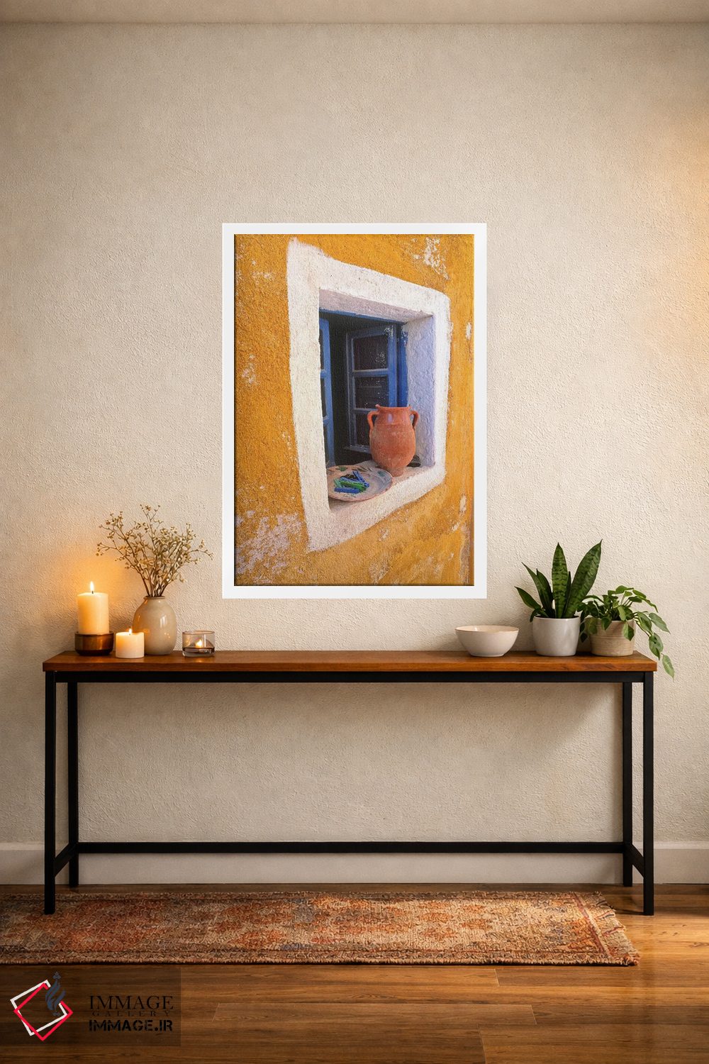 تابلو دکوراتیو Santorini, Oia. Pottery in window.,یونان، سانتورینی، اویا. س… اثر جینز گالری - D3W